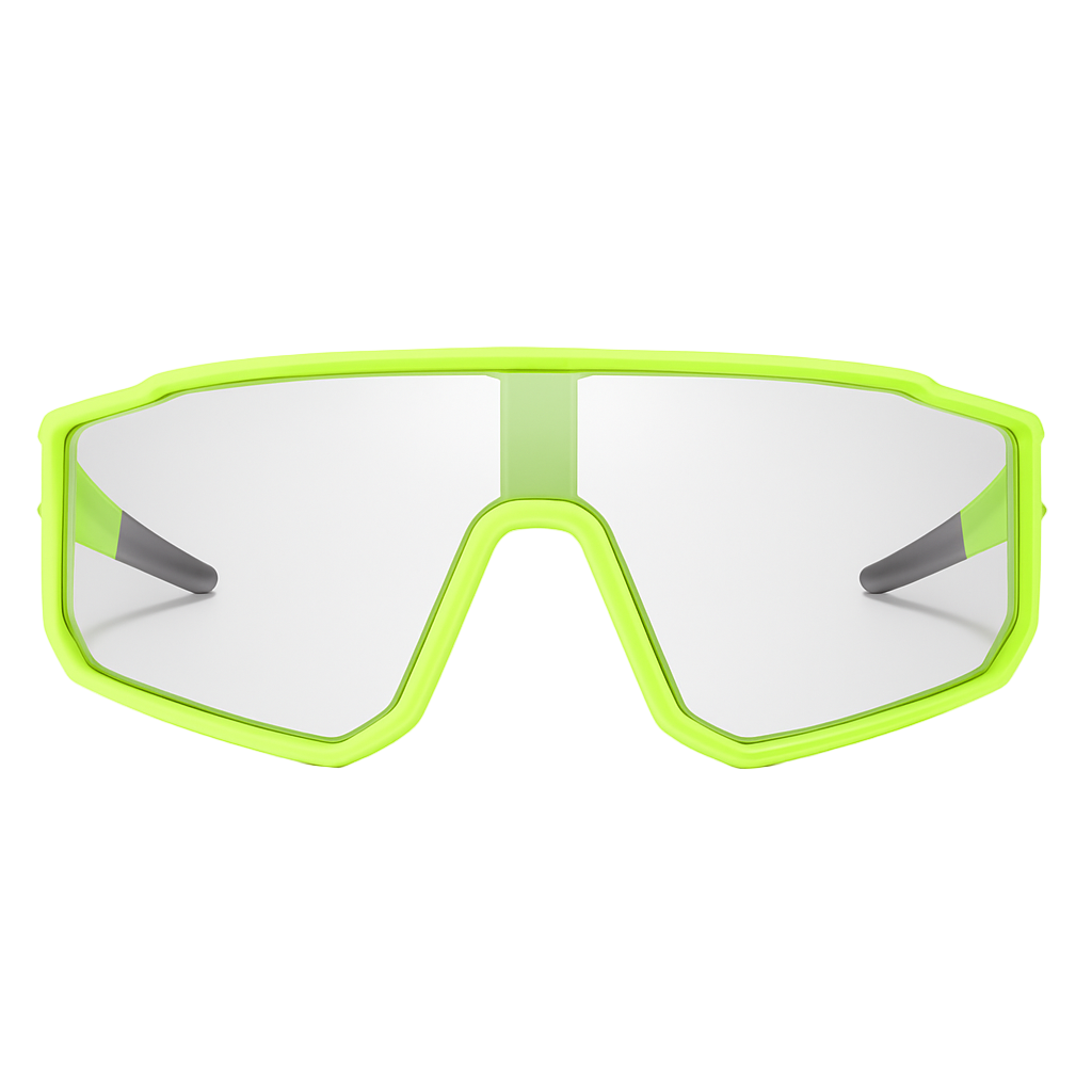 Sunglasses with a bright green frame and clear lenses on a white background
